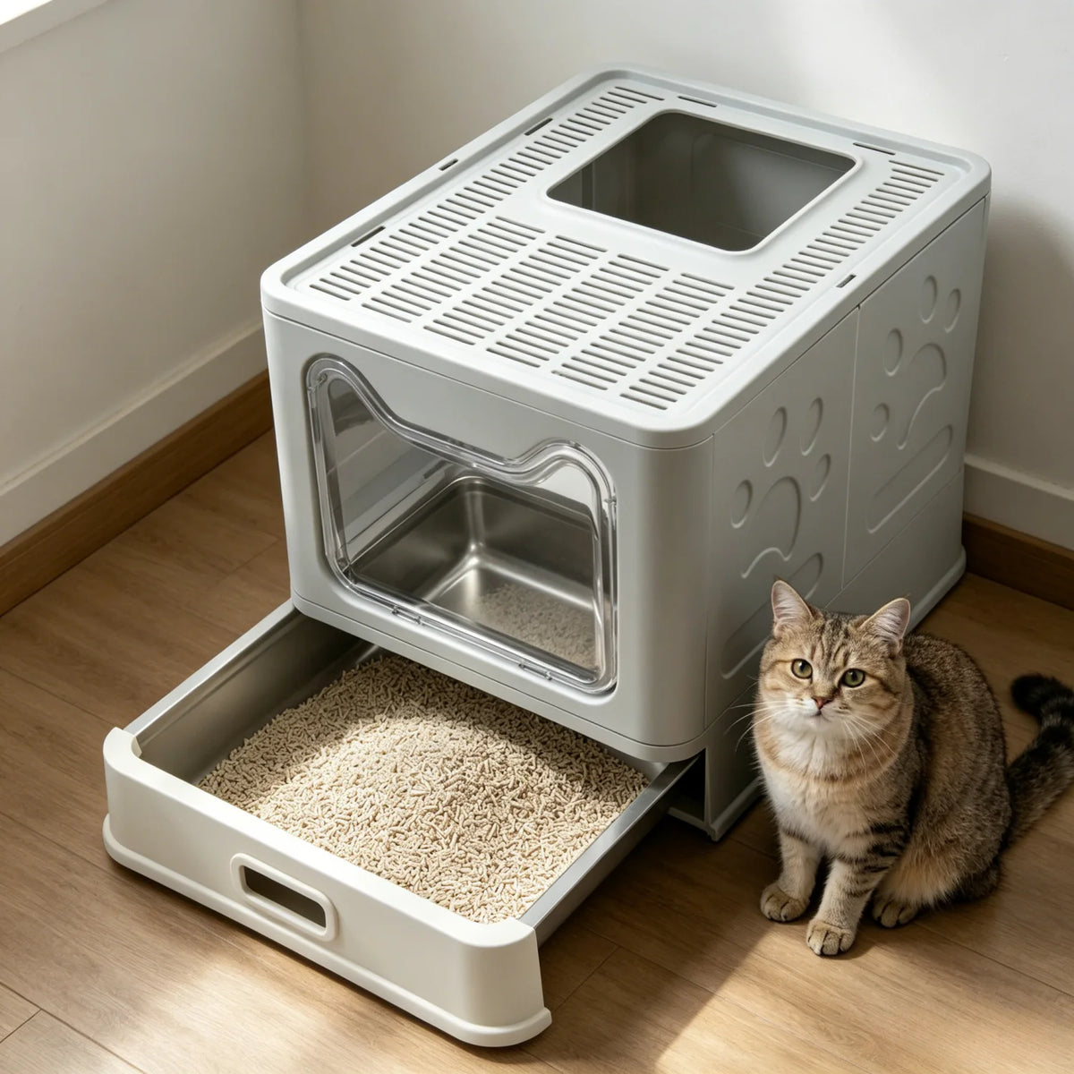 Enclosed Cat Litter Box With Front Entry And Top Exit