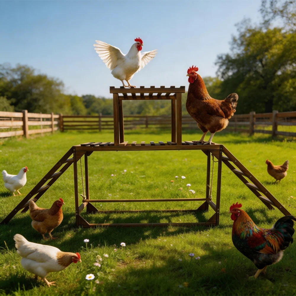 Solid Wood Chicken Perch Coop Toy with Swing Ladder Platform Chicken Run Roosting Bar for Hens Chicken Climbing Ladder Activity