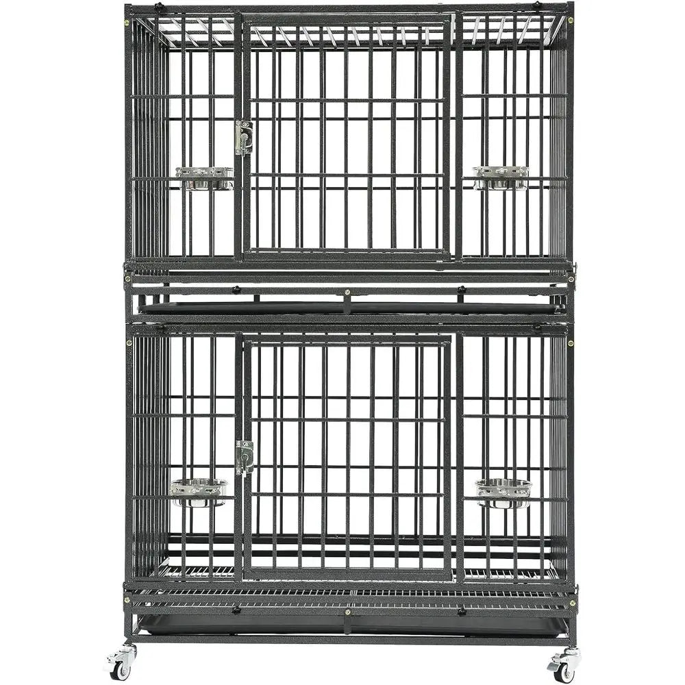 Two Tiers 37 Inch Dog Crate, Ese Proo Dog Cage Kennel Indoor with Top Accand Lockable Wheels, Removable Tray, Heavy Duty Dog Cra