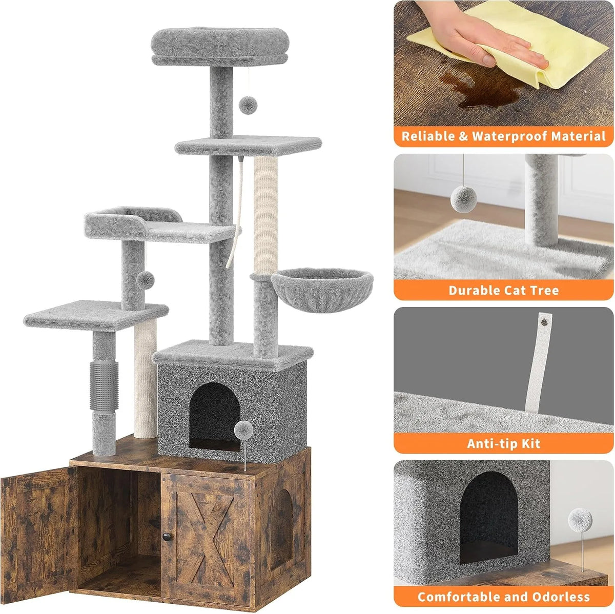Modern Cat Tree With Hidden Litter Box Enclosure And Condo