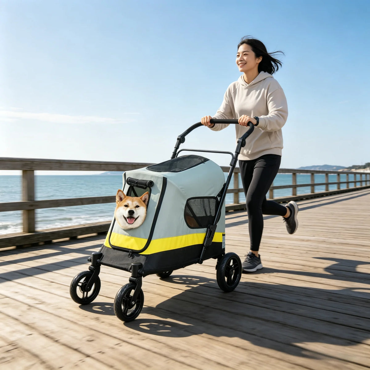 2 Sizes One-click Folding Dog Stroller 4 Wheels Dog Jogger Wagon Stroller Breathable and Visible Mesh for Small to Large Dogs Pet Jogging Carriage Stroller
