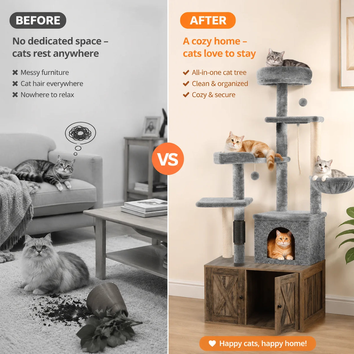 Modern Cat Tree With Hidden Litter Box Enclosure And Condo