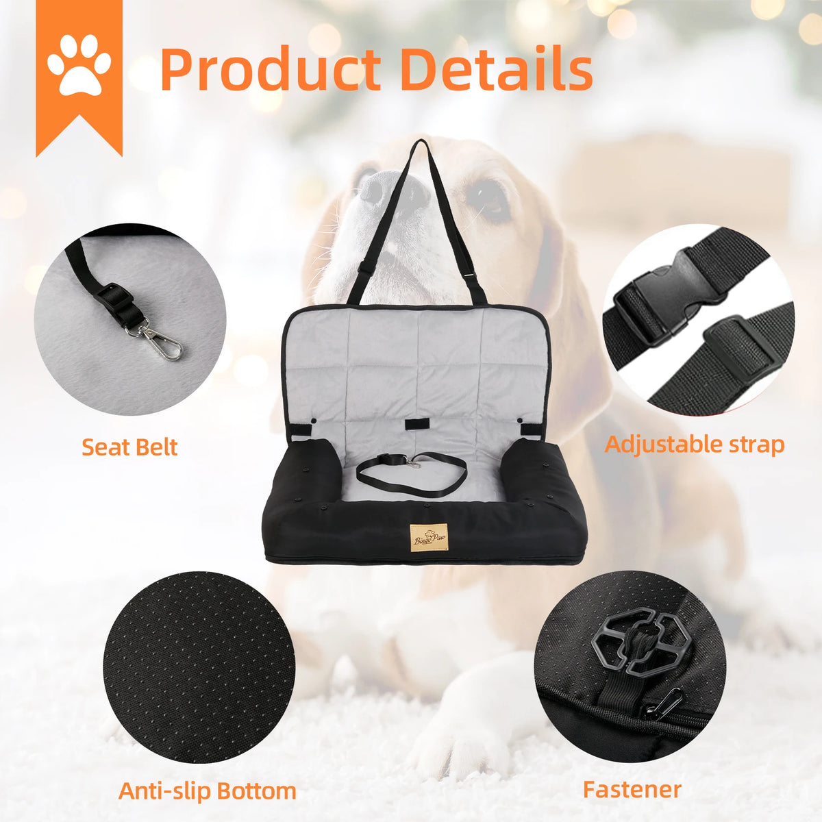 BORWART Portable Dog Car Seat Bed With Safety Belt