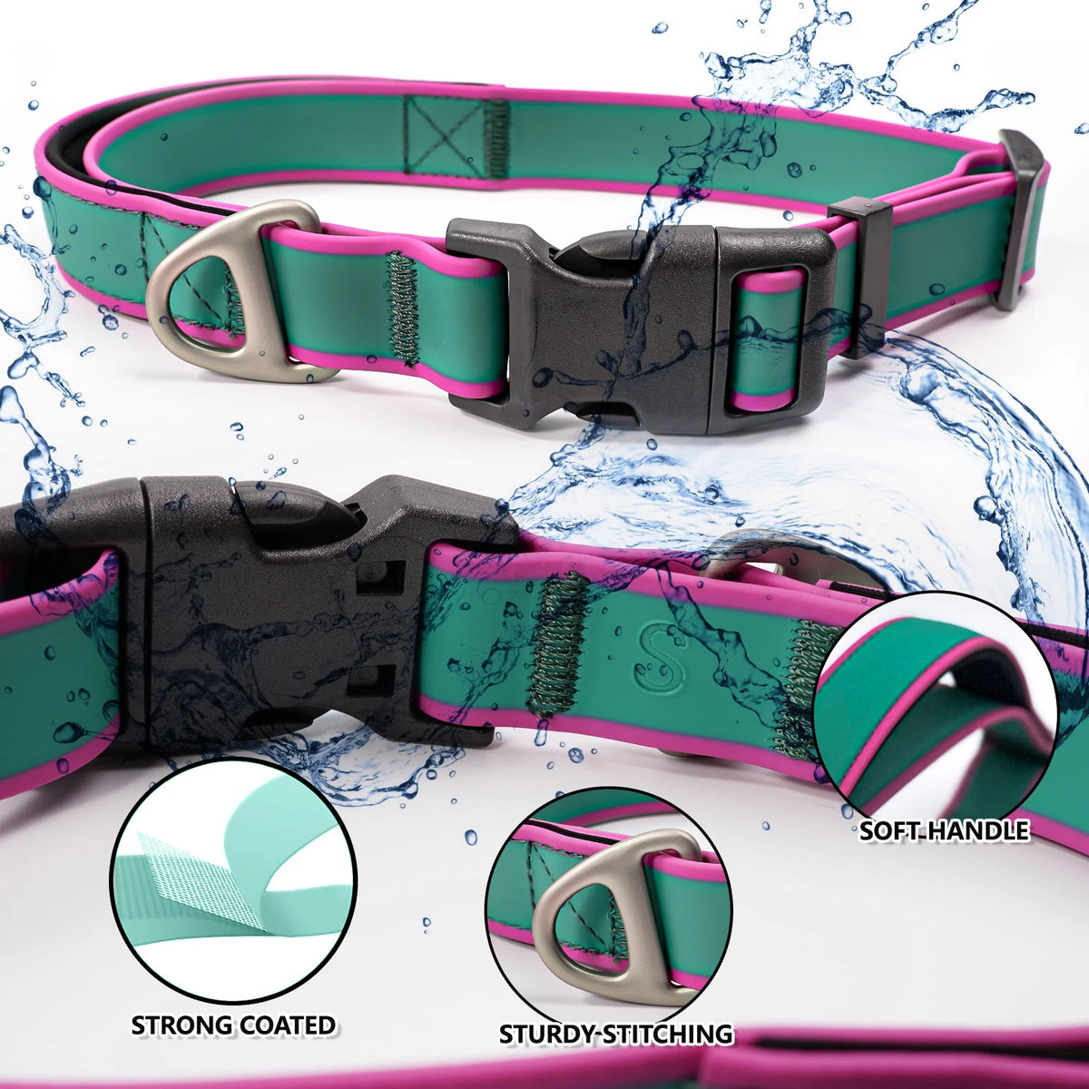 Waterproof Dog Collar with Reinforced Control Handle and Heavy Duty D Ring for Medium and Large Dogs