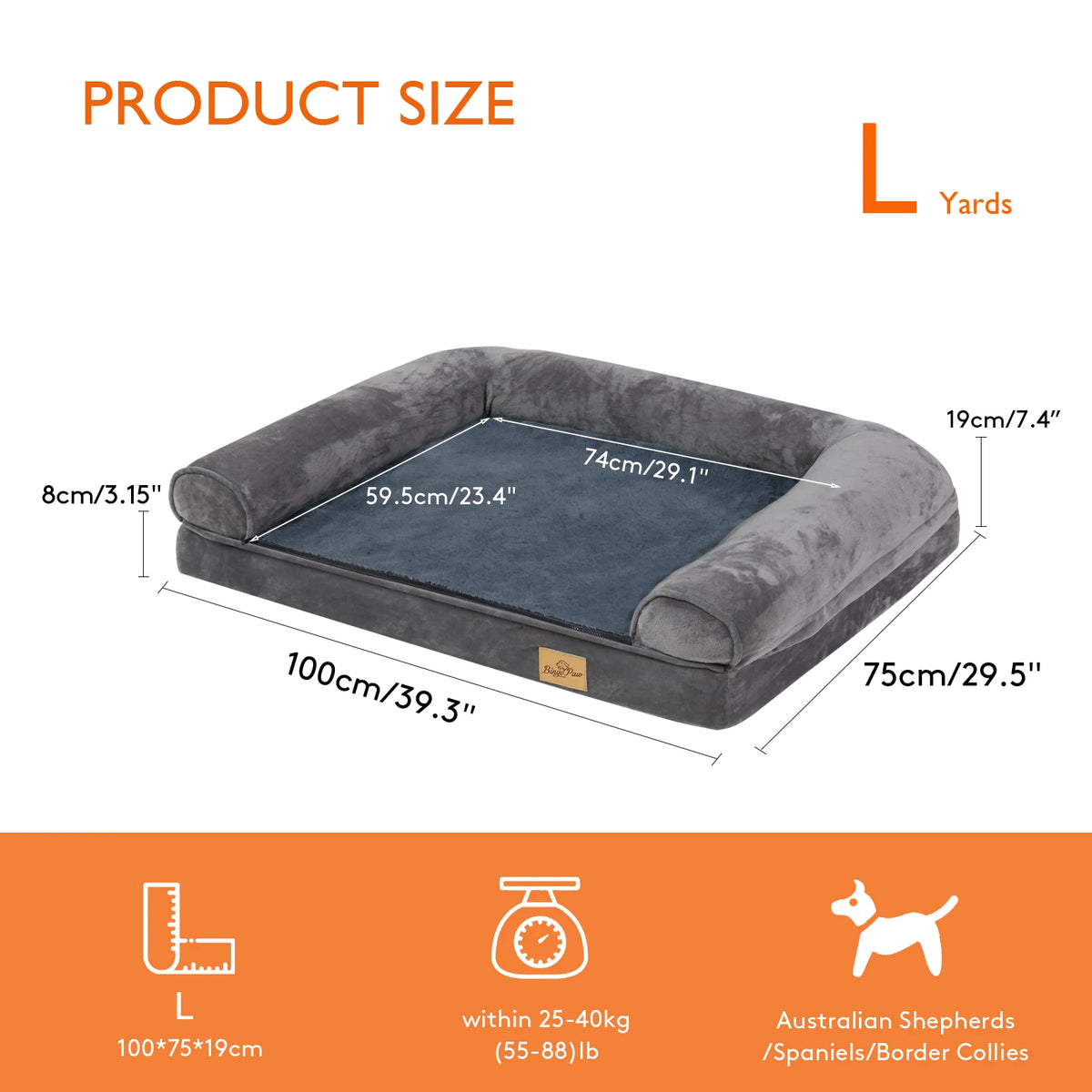 Extra Large Sofa-Style Dog Bed with Bolster Waterproof Cover Sponge Foam Base Cozy Pet Crate Bed Couch Bedding
