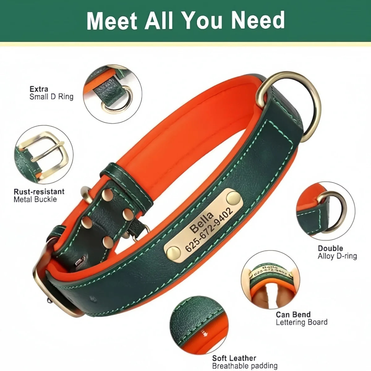COOYOMOO Personalized Leather ID Nameplate Dog Collar With Engraving