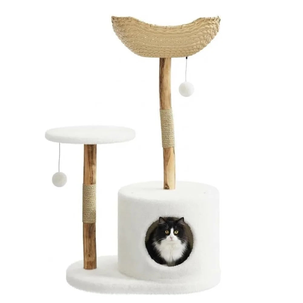 Wooden Rattan Cat Tree Tower Multi Level Climbing Activity Center