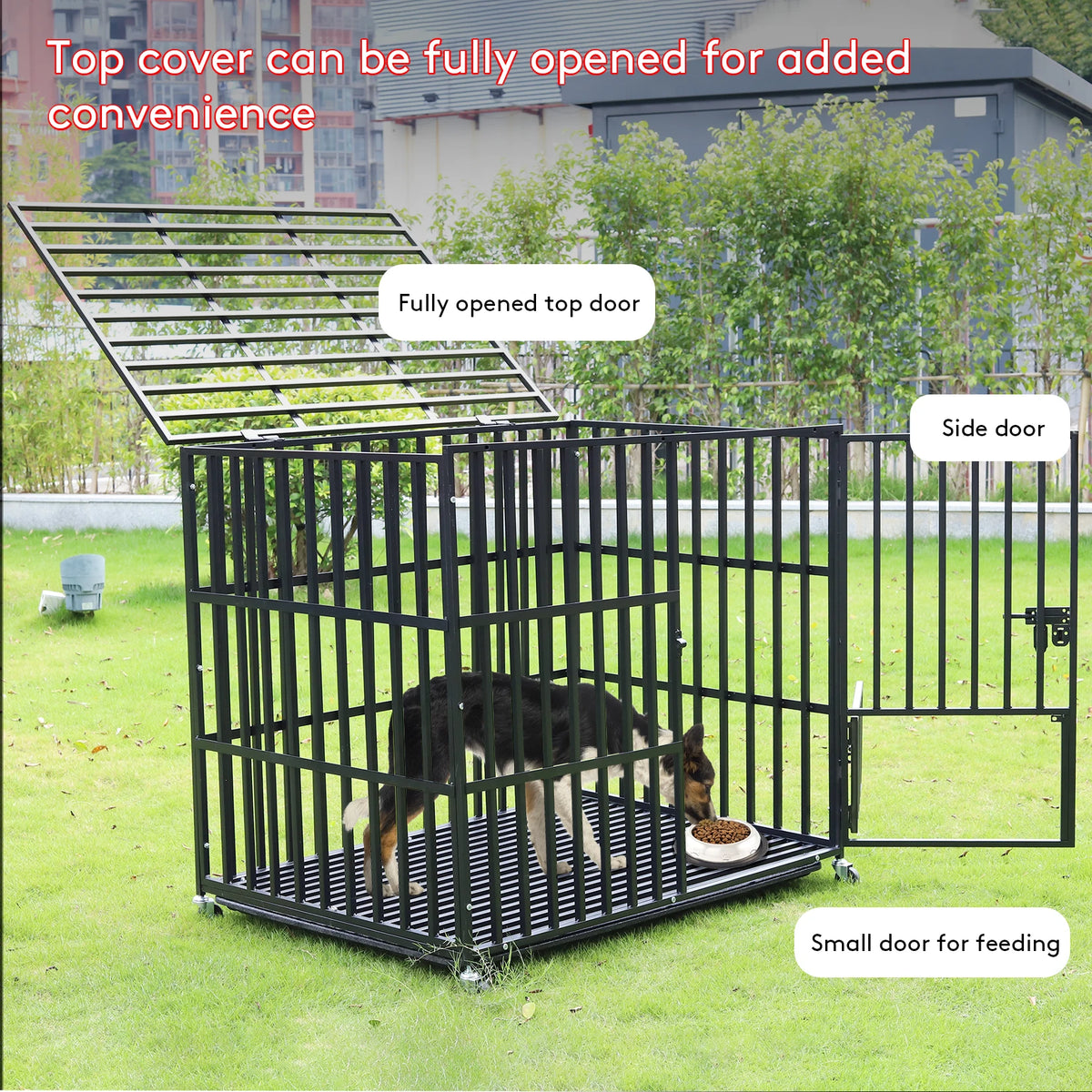 Large Heavy Duty Dog Crate with 4 Lockable Wheels 3 Doors and Tray Metal Pet Kennels Cage Playpen for Medium Large Dogs