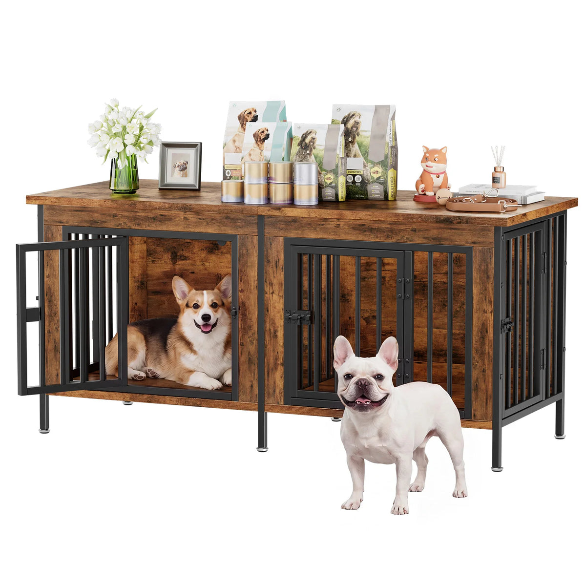 JHK Wooden Dog Kennel Furniture With Double Doors And Divider