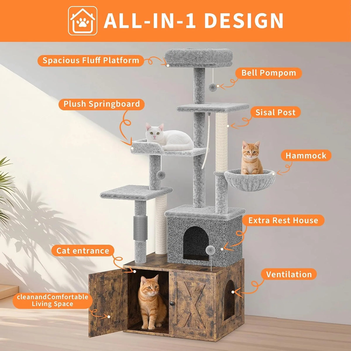 Modern Cat Tree With Hidden Litter Box Enclosure And Condo