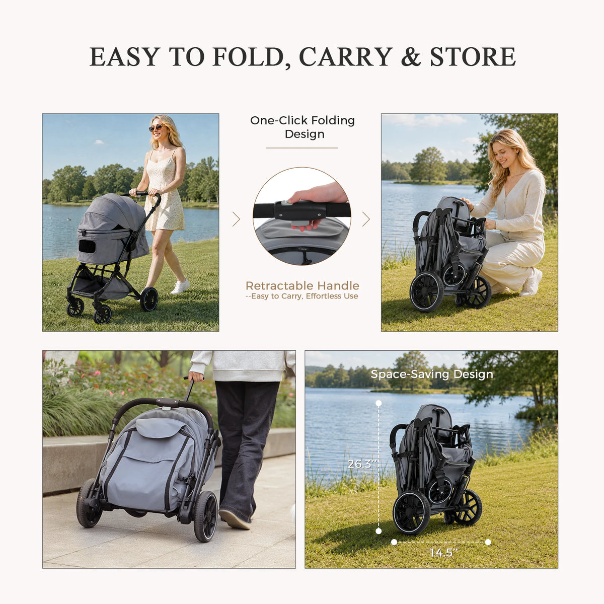 Foldable Pet Stroller for Small Medium Dogs & Cats One-Click Fold Dog Stroller with Reversible Handle Storage Basket Cup Holder Safety Tether Removable Washable Pad Large Cat Stroller Pet Suplies for Outdoor