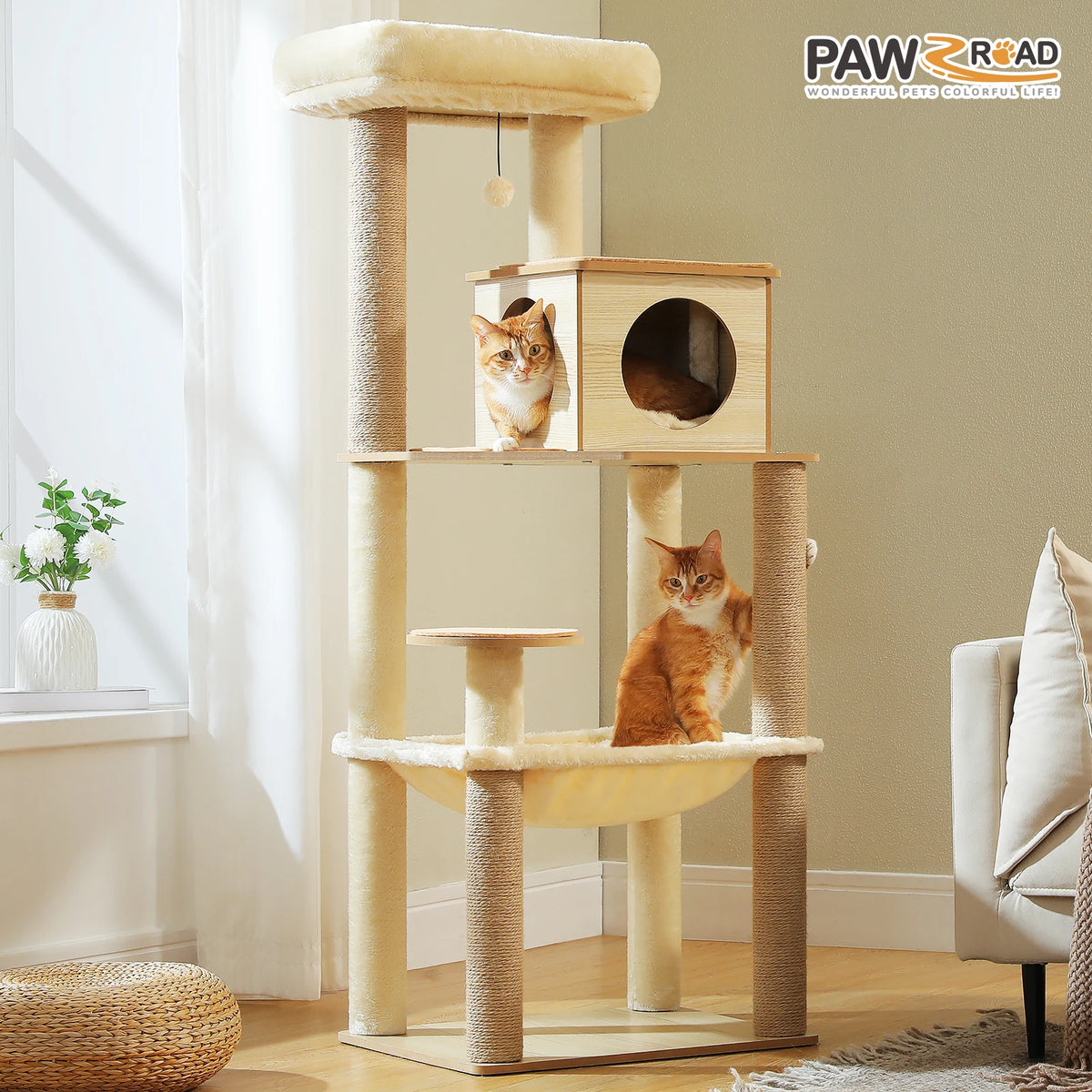 PAWZ Road Wooden Cat Tree With Sisal Posts Cozy Condo