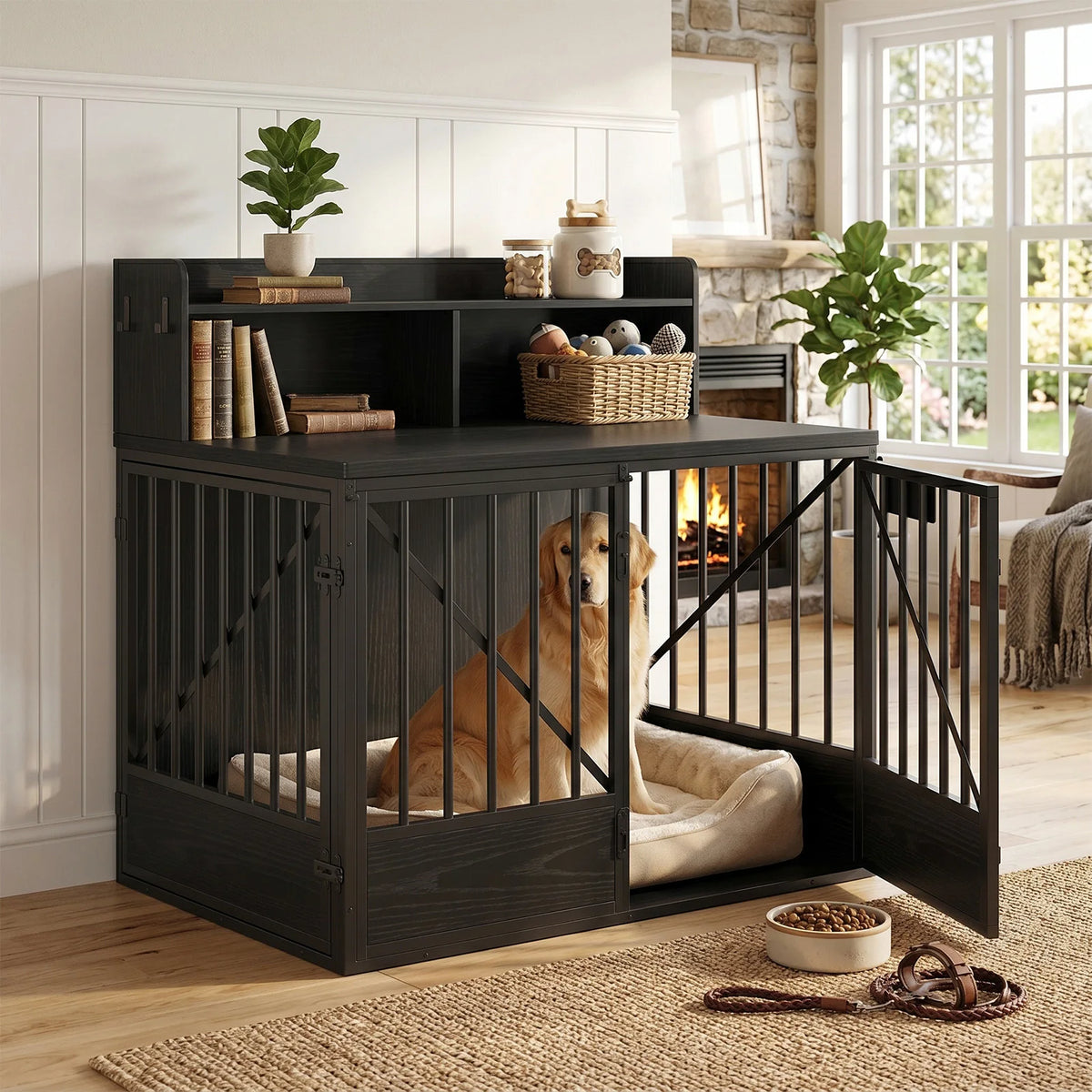 Multifunctional Wooden Dog Crate Furniture With Dual Storage Compartments