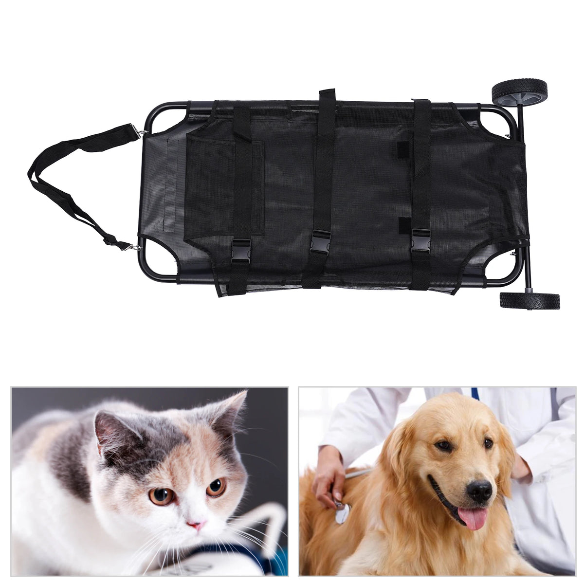 Black Pet Stretcher—Stainless Steel/Oxford Cloth 110lbs Load+Mesh Envelope 2Wheels+Adjustable Strap Foldable(25.59x25.59x3.14in)