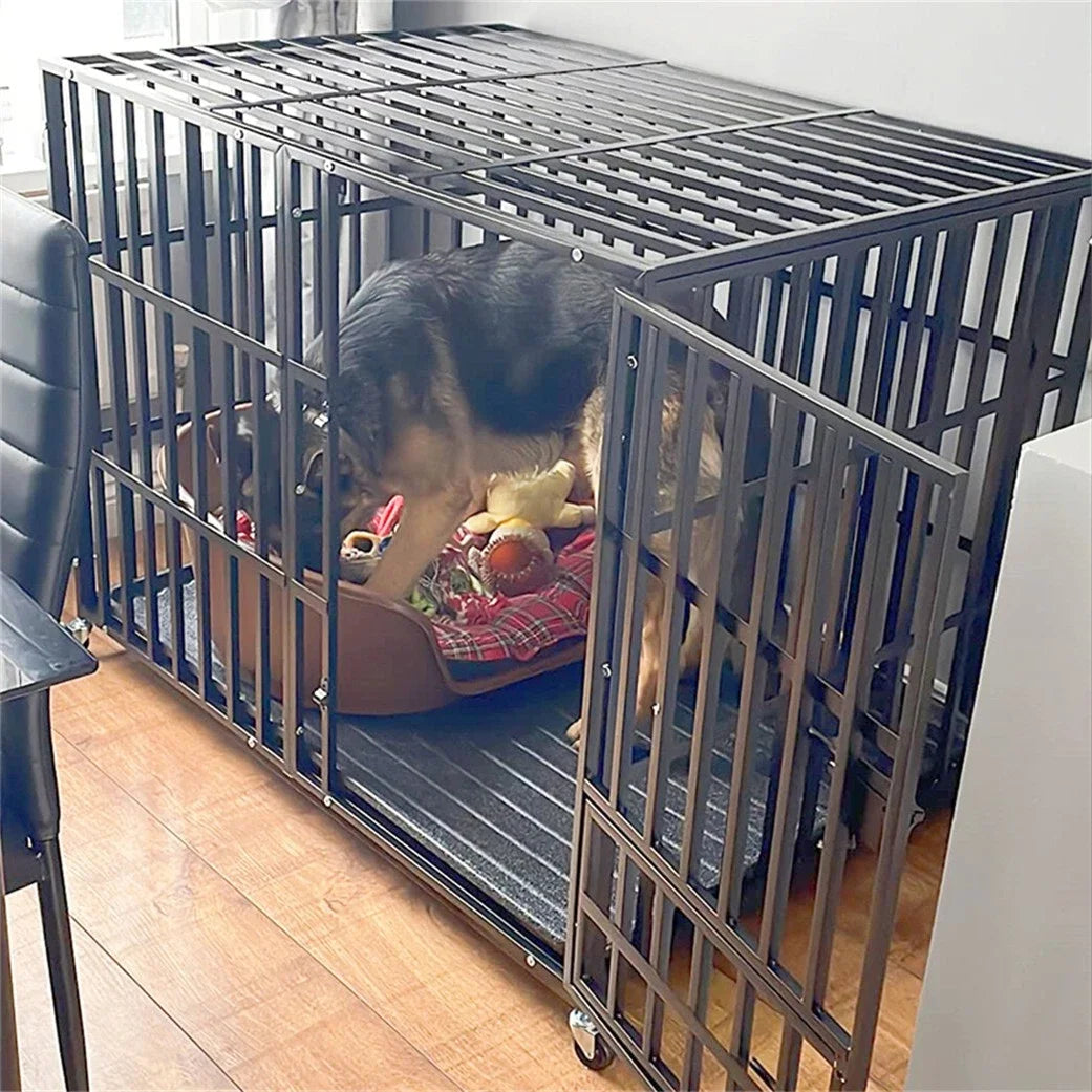 Heavy Duty Metal Dog Crate 3 Doors with Locks, Kennel Playpen on 4 Lockable Wheels, Removable Tray