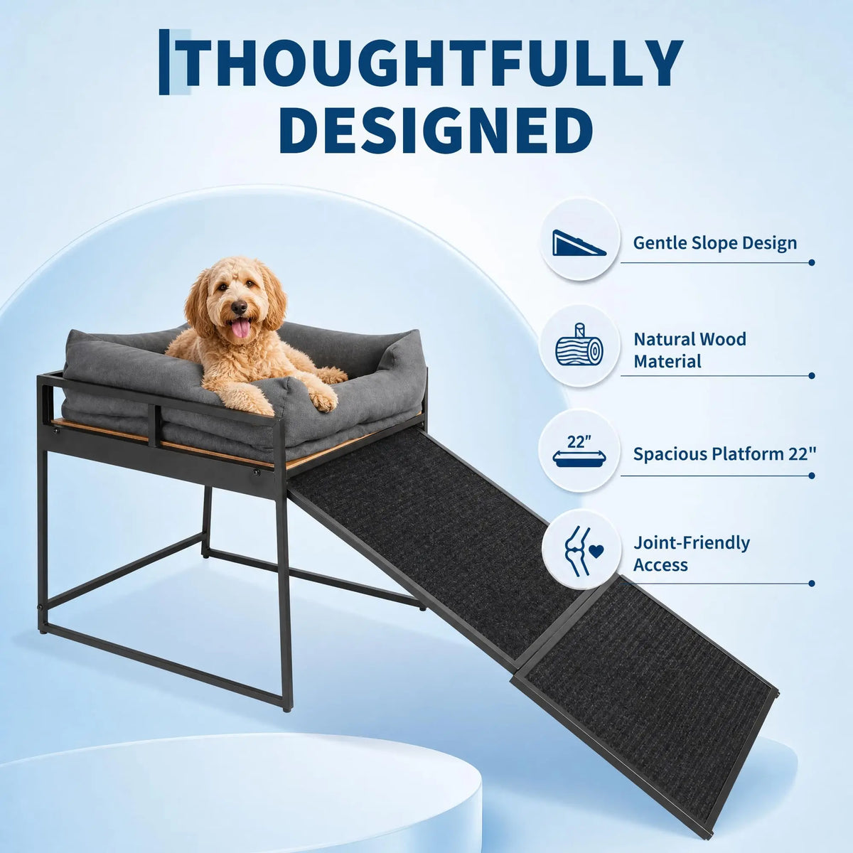 Elevated Dog Bed Ramp With Non Slip Access And Bolster Cushion