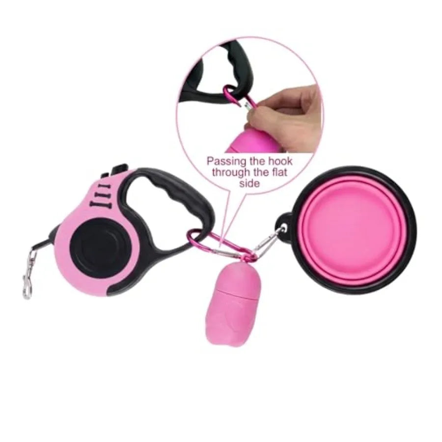 PETIMP Retractable Dog Leash Lightweight 16FT Leash Set with Folding Bowl, Dispenser, Waste Bags, for Small Medium Dogs Pink