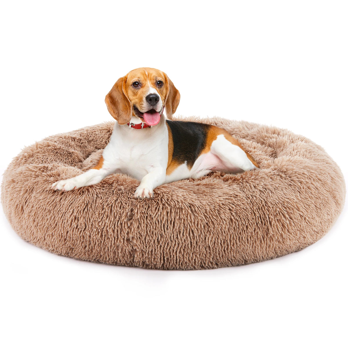 JHK Round Plush Faux Fur Calming Dog Bed for Medium to Large Dogs Washable Large Pet Bed Anti-Slip Fluffy Dog Bed For Home