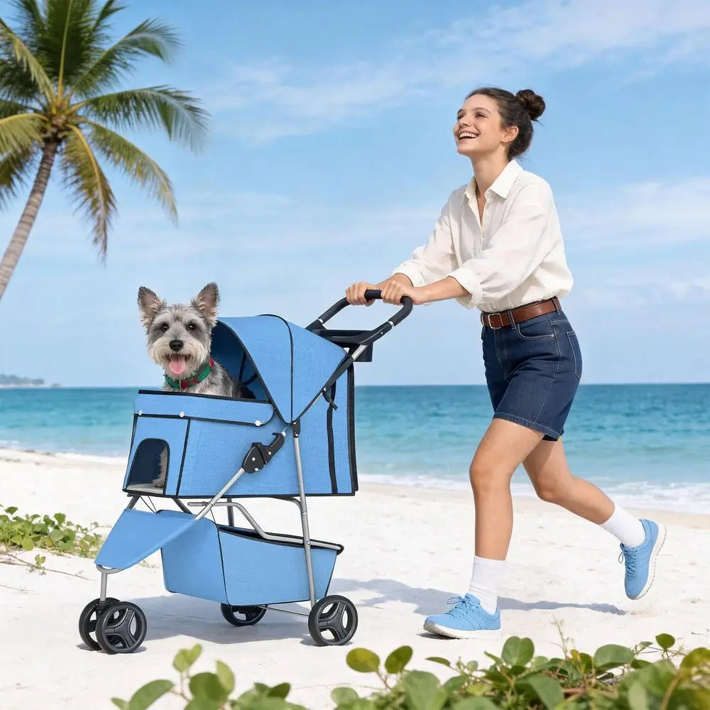 3-Wheel Pet Stroller, Dog and Cat Stroller, Breathable Mesh, Lightweight Travel Carrier, Waterproof & Foldable Design, Storage B