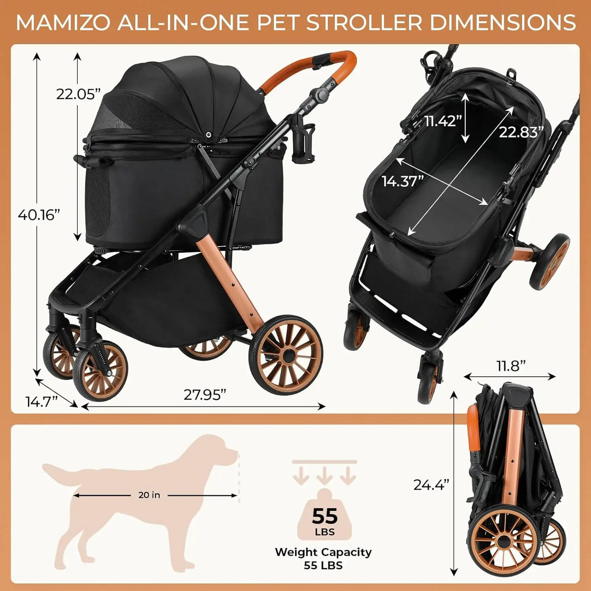 Foldable Pet Stroller for Medium Dog Cat,Pet Travel Carrier,Adjustable Handle with Sun Shade,Shock Absorbers,All-Terrain