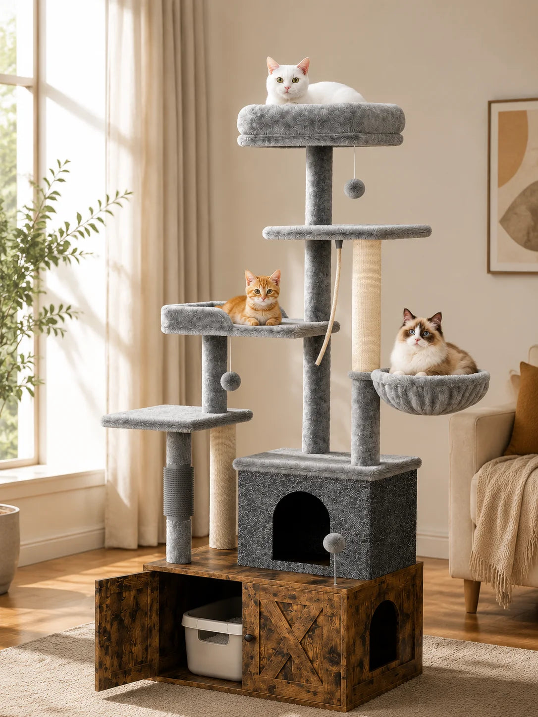 Modern Cat Tree With Hidden Litter Box Enclosure And Condo