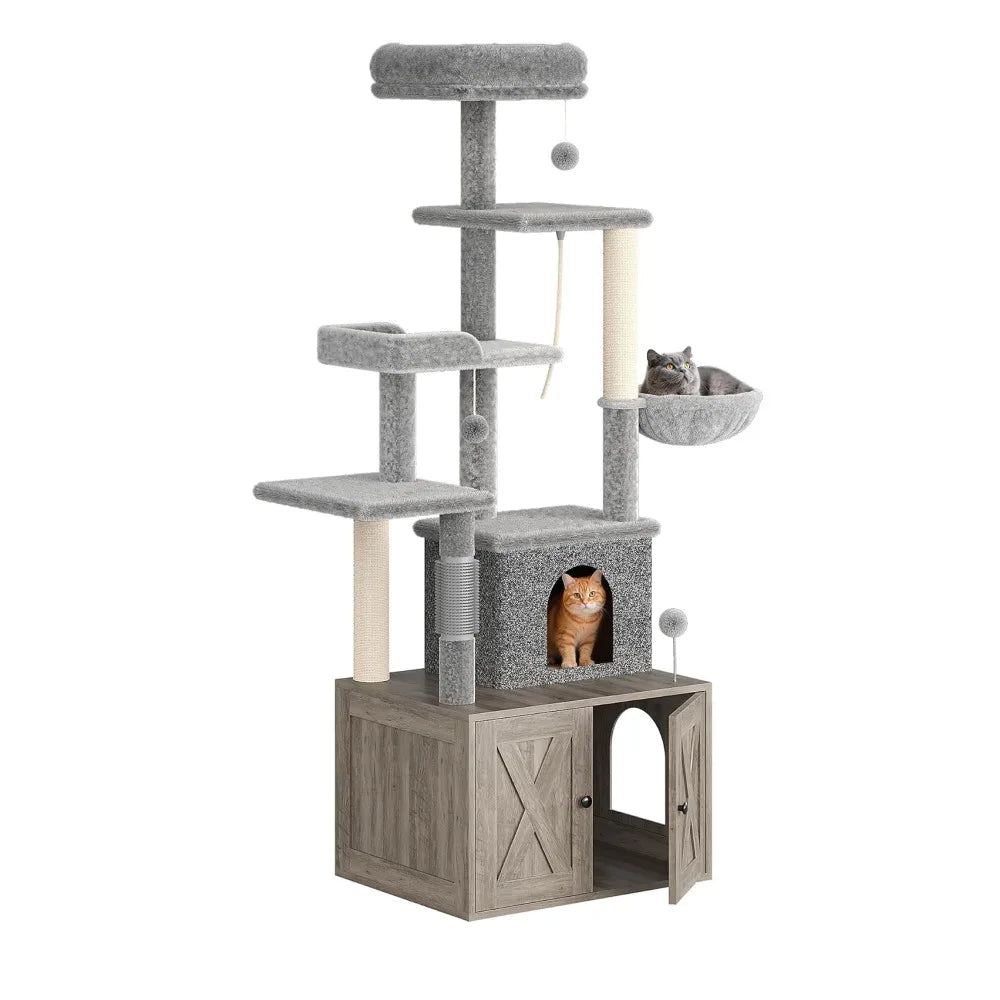 Modern Cat Tree With Hidden Litter Box Enclosure And Condo