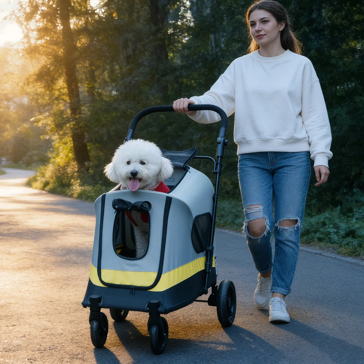 2 Sizes One-click Folding Dog Stroller 4 Wheels Dog Jogger Wagon Stroller Breathable and Visible Mesh for Small to Large Dogs Pet Jogging Carriage Stroller