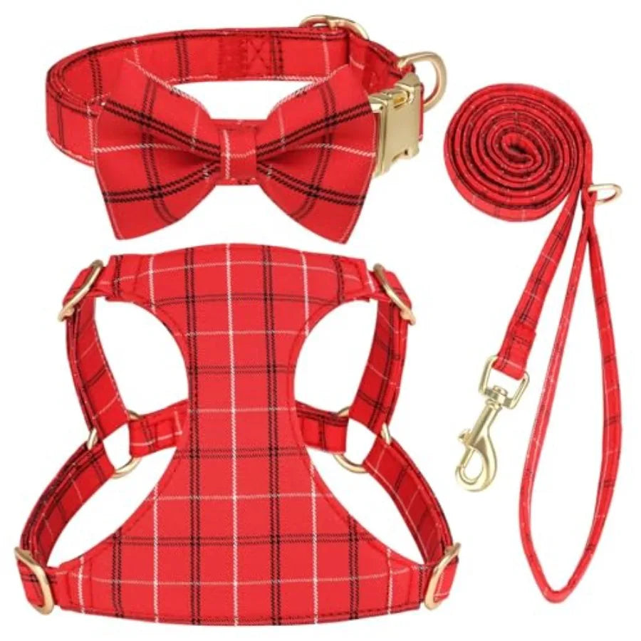Dog Harness and Leash Set With Bowtie Soft Adjustable Plaid Polyester