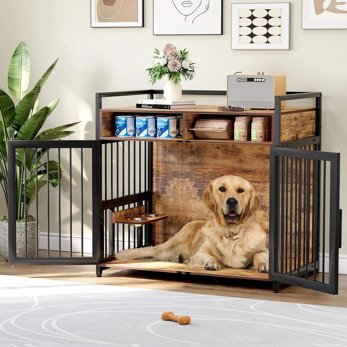Garvee Wooden Dog Crate Furniture With Shelves And Storage