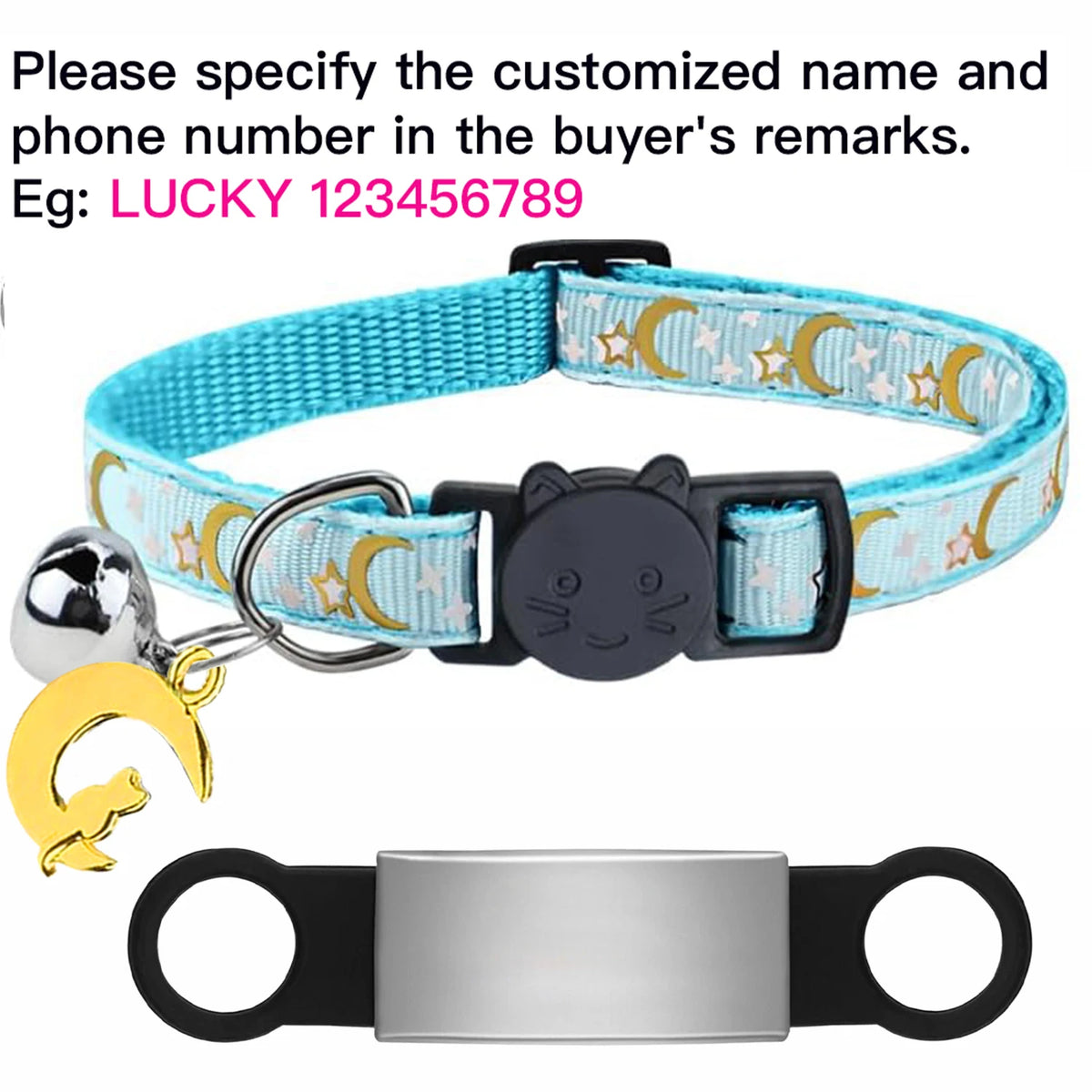 Custom Glow Cat Collar Free Engraved Anti‑Lost Pet ID Nameplate Necklace With Bell Moon Charm For Puppy Kitten Personalized Pet Safety Accessory Supply