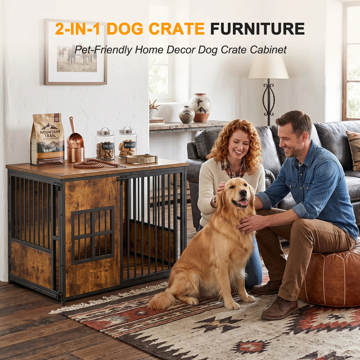 Large Wooden Dog Crate Furniture Indoor Pet Cage Kennel with Storage Top and Removable Cover for Small Medium Dogs