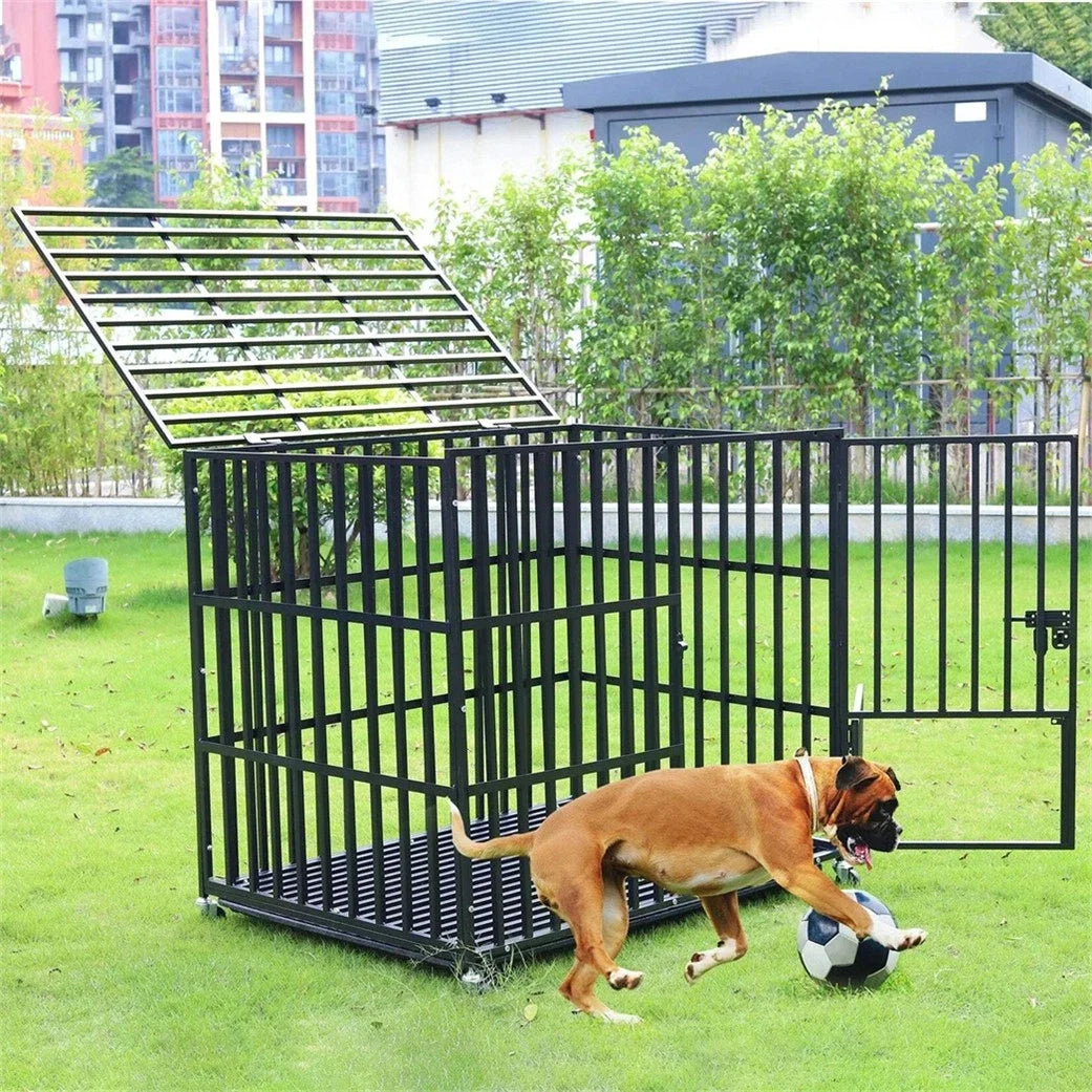 Heavy Duty Metal Dog Crate 3 Doors with Locks, Kennel Playpen on 4 Lockable Wheels, Removable Tray