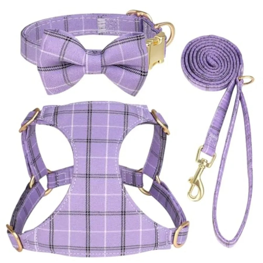 Dog Harness and Leash Set With Bowtie Soft Adjustable Plaid Polyester