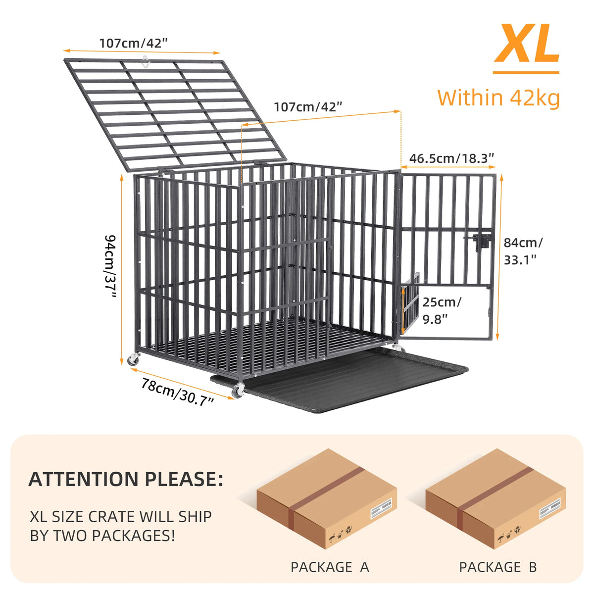 Large Heavy Duty Dog Crate with 4 Lockable Wheels 3 Doors and Tray Metal Pet Kennels Cage Playpen for Medium Large Dogs