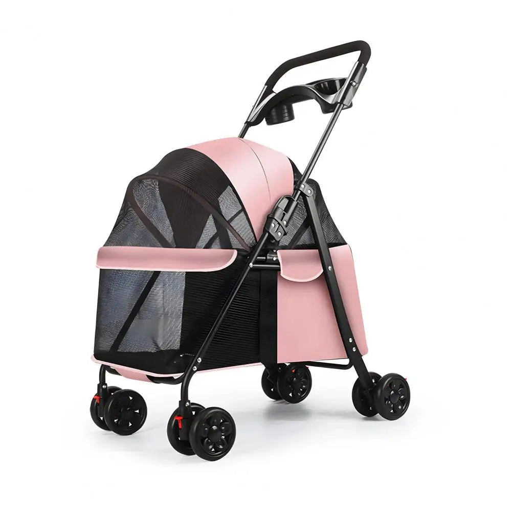 4 Wheels Dog Cat Stroller, Outdoor Travel Pet Folding Stroller, Dog Cat Cage Stroller with Cup Holder for Dog