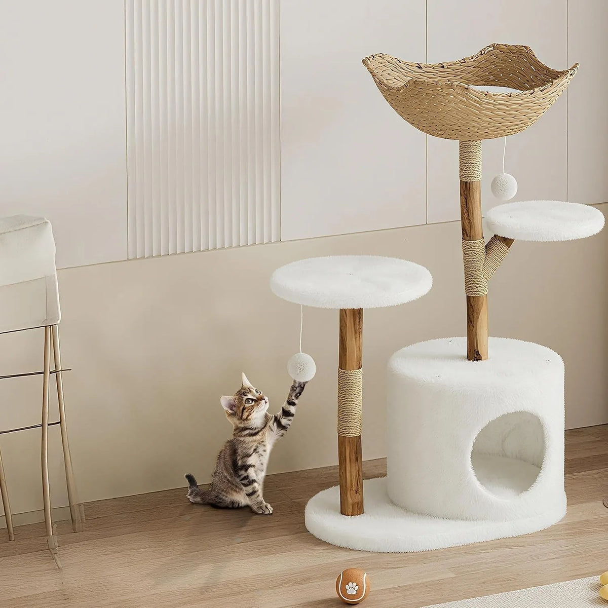 Wooden Rattan Cat Tree Tower Multi Level Climbing Activity Center