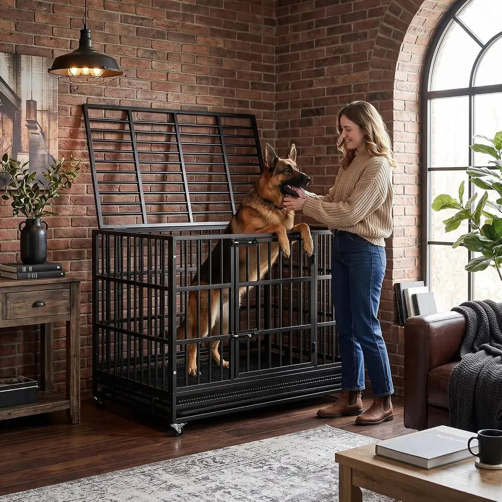 48" Heavy Duty Dog Crate, Indestructible Ese-Proo Cage Kennel or Large Dogs, High Anxiety Dog Crate with Removable Wire Trays &