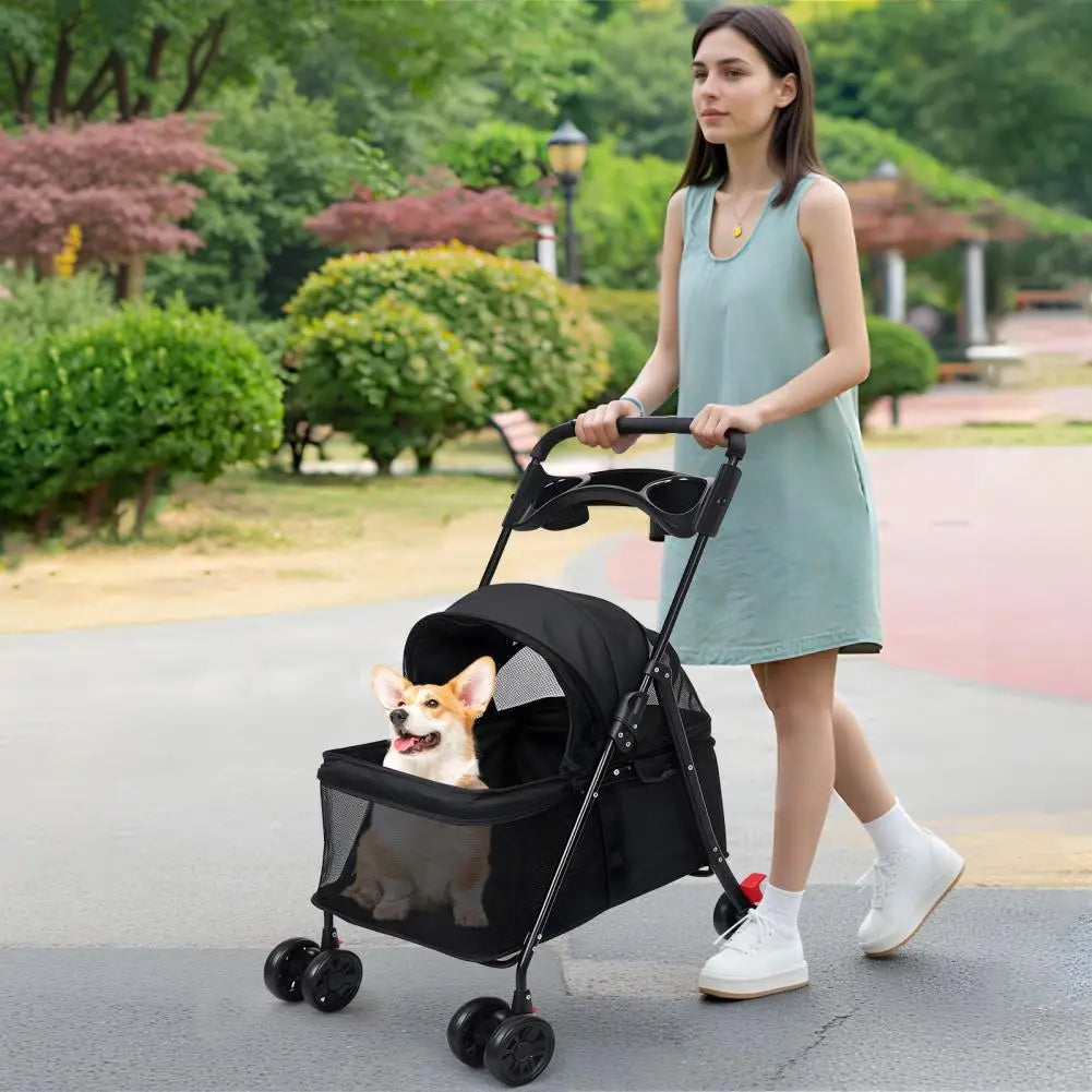 4 Wheels Dog Cat Stroller, Outdoor Travel Pet Folding Stroller, Dog Cat Cage Stroller with Cup Holder for Dog