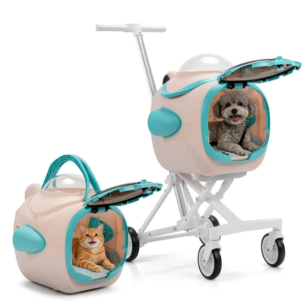 Foldable 4-Wheel Pet Stroller with Cooling Fan, Temperature Display, and Anti-Irritation Barrier for Small & Medium Dogs
