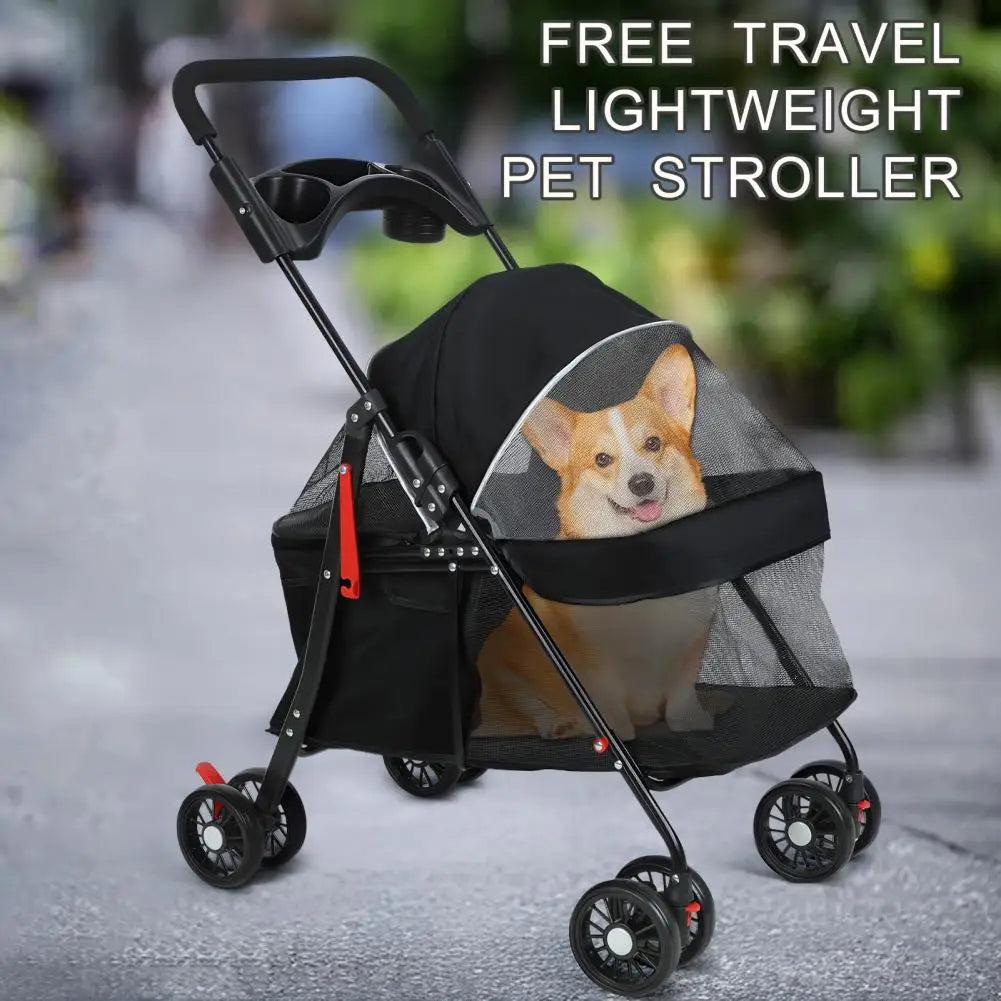 4 Wheels Dog Cat Stroller Outdoor Travel Pet Folding Stroller Dog Cat Cage Stroller with Cup Holder for Medium Small Dog