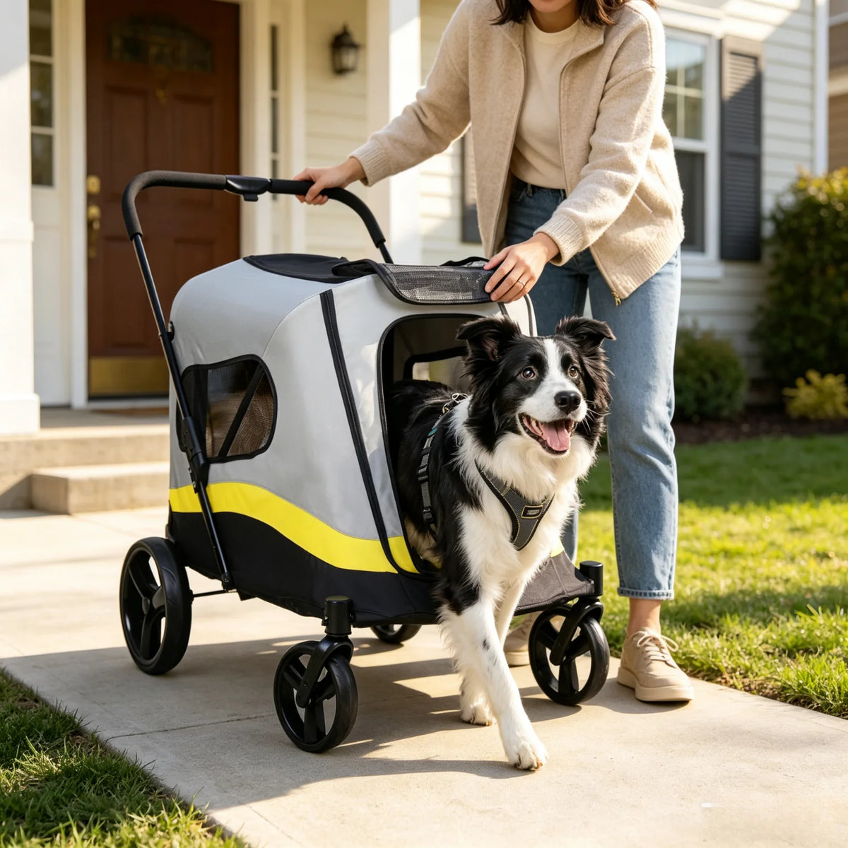 2 Sizes One-click Folding Dog Stroller 4 Wheels Dog Jogger Wagon Stroller Breathable and Visible Mesh for Small to Large Dogs Pet Jogging Carriage Stroller