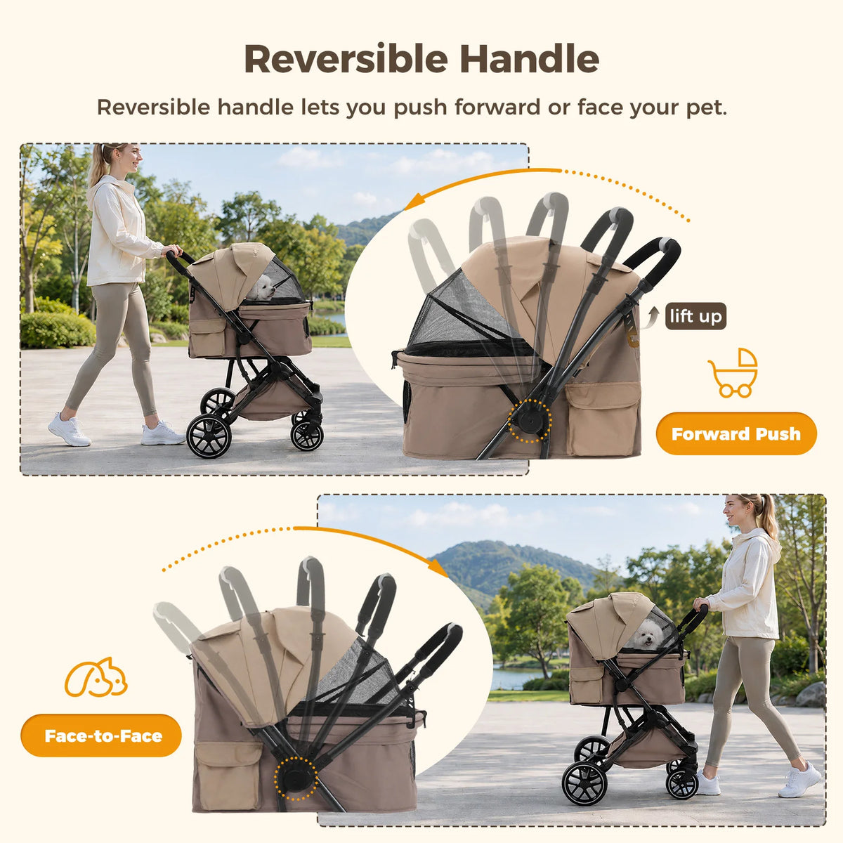 Foldable Pet Stroller for Small Medium Dogs & Cats One-Click Fold Dog Stroller with Reversible Handle Storage Basket Cup Holder Safety Tether Removable Washable Pad Large Cat Stroller Pet Suplies for Outdoor