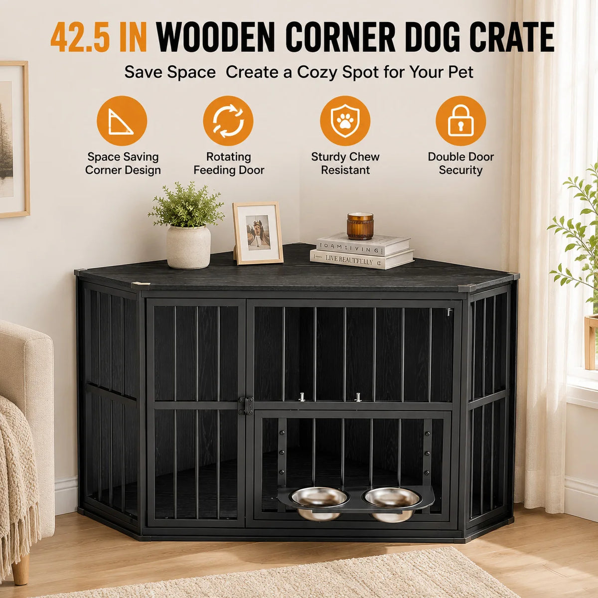 Wooden Corner Dog Crate Furniture With Double Doors Lockable Cage