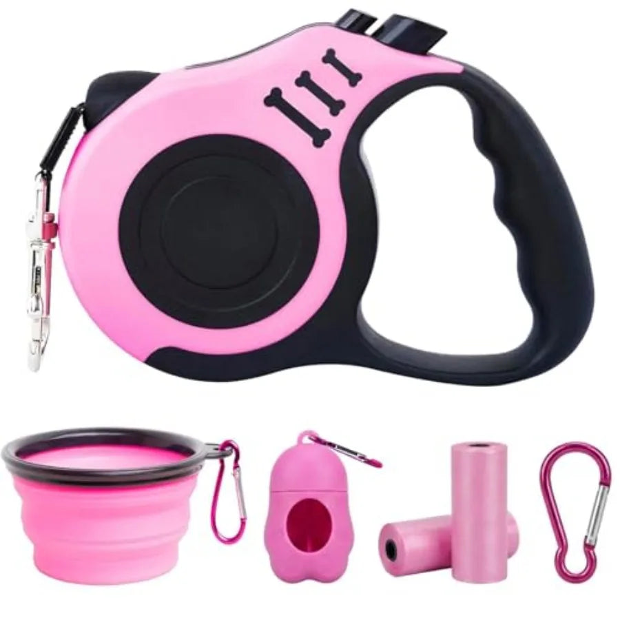 PETIMP Retractable Dog Leash Lightweight 16FT Leash Set with Folding Bowl, Dispenser, Waste Bags, for Small Medium Dogs Pink