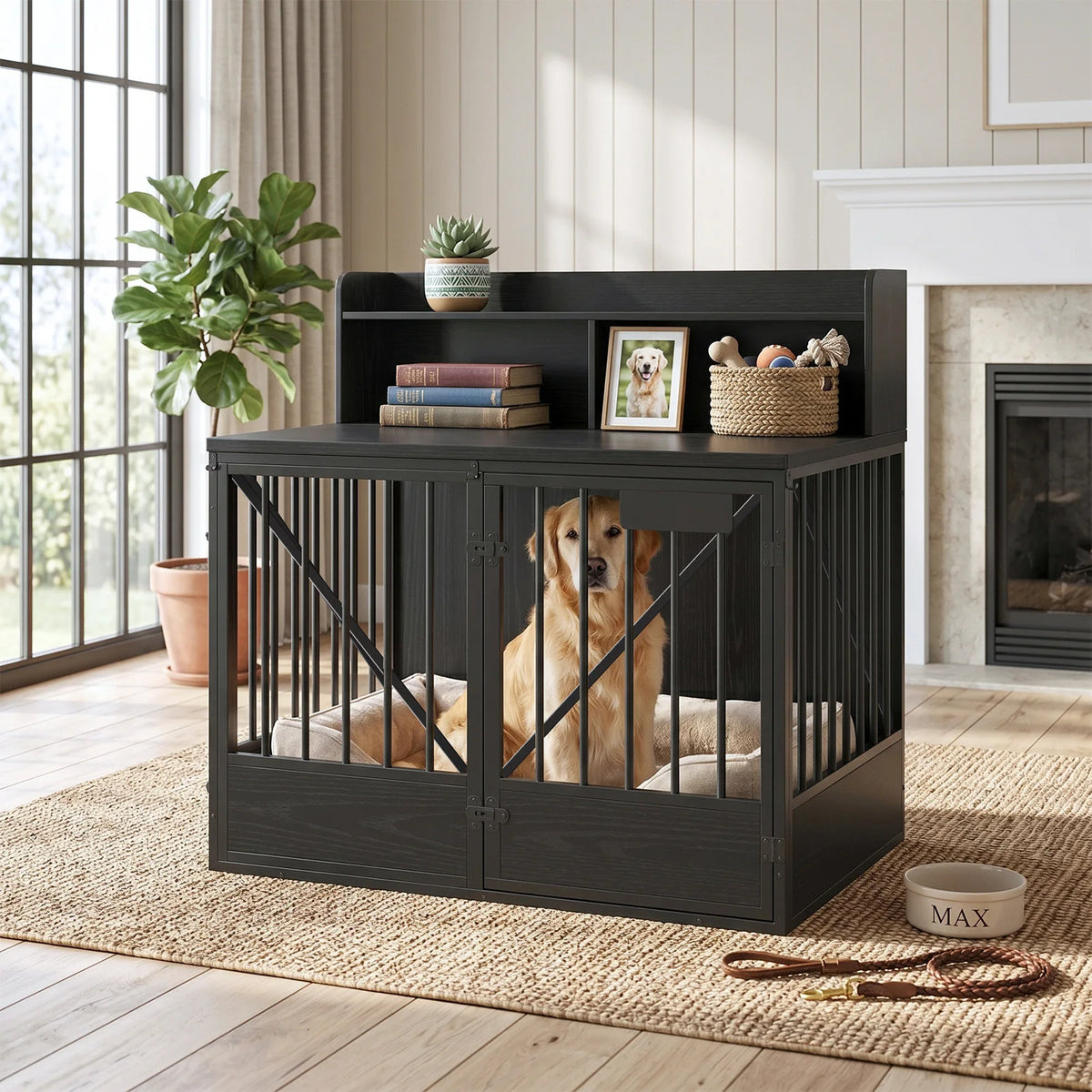 Multifunctional Wooden Dog Crate Furniture With Dual Storage Compartments