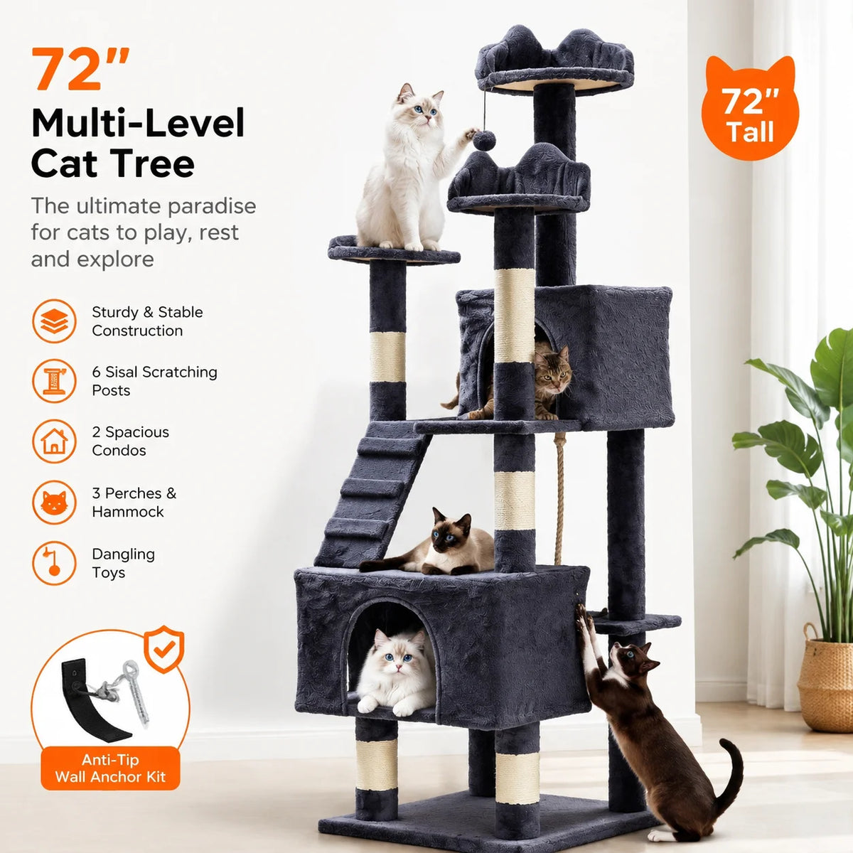 Multi Level Cat Tree Tower with Scratching Posts Condos Perches