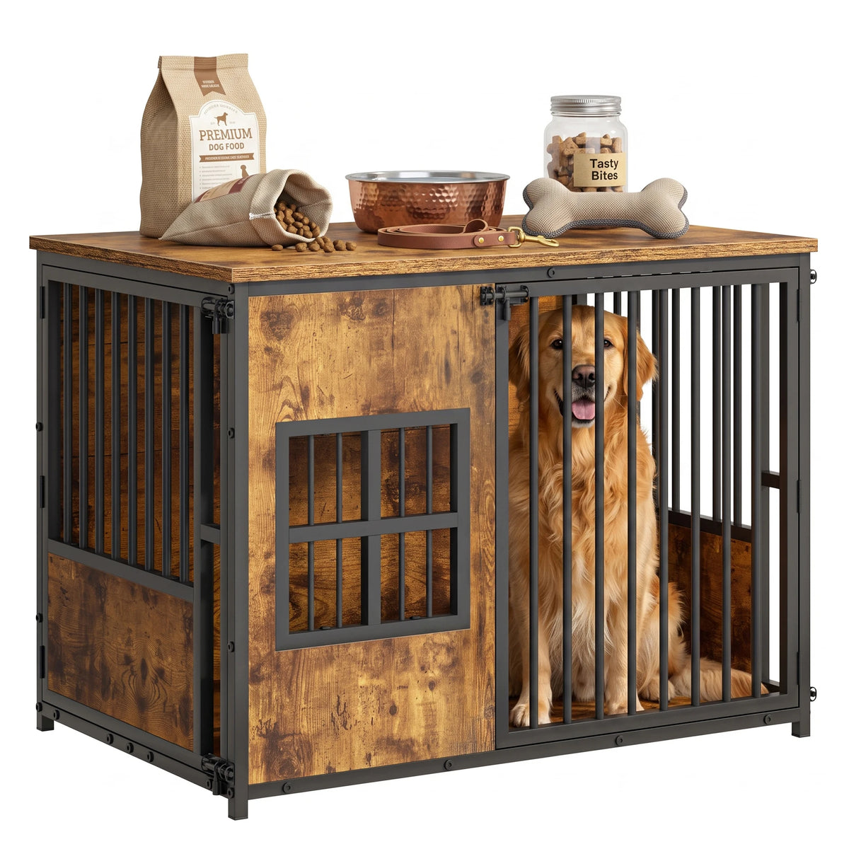 Large Wooden Dog Crate Furniture Indoor Pet Cage Kennel with Storage Top and Removable Cover for Small Medium Dogs