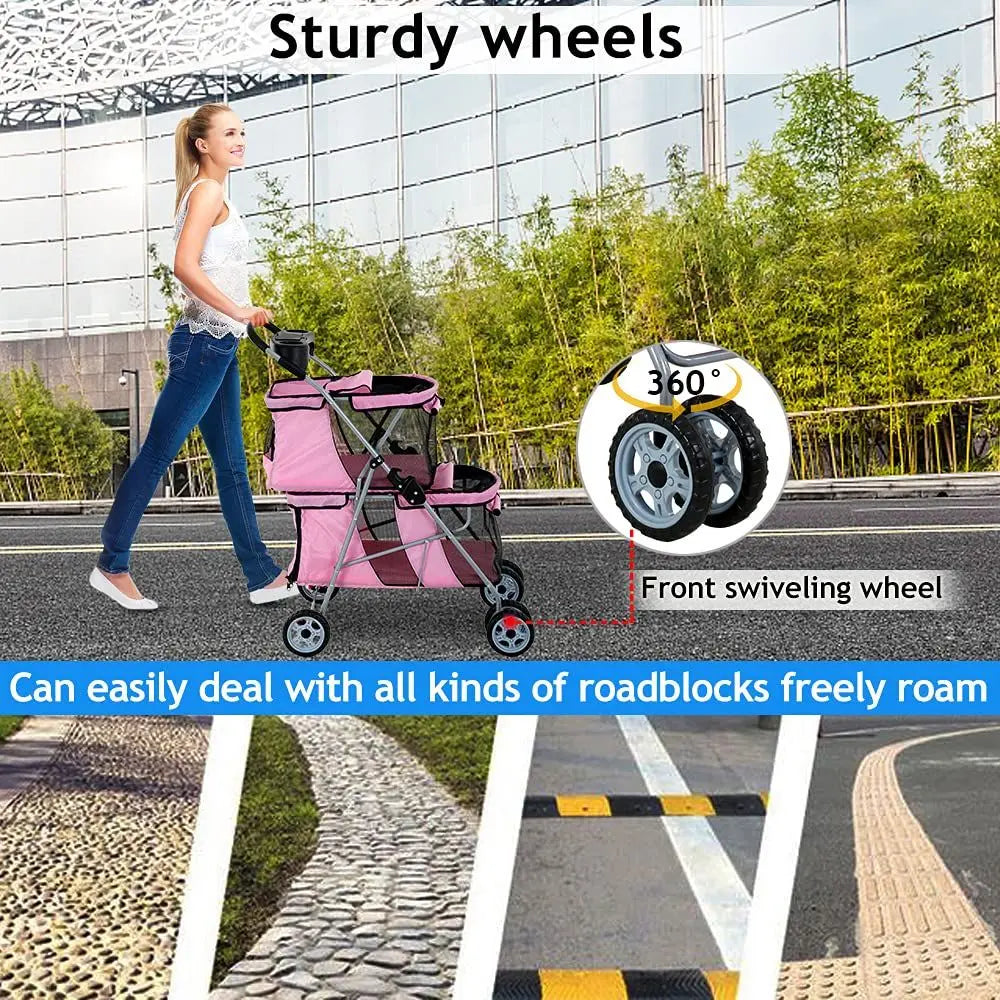 Double Pet Stroller or Small Medium Dogs, 4 Wheels olding Travel Carrier Cage with Cup Holder or 2 De Puppy Or Two Kitty, Pink