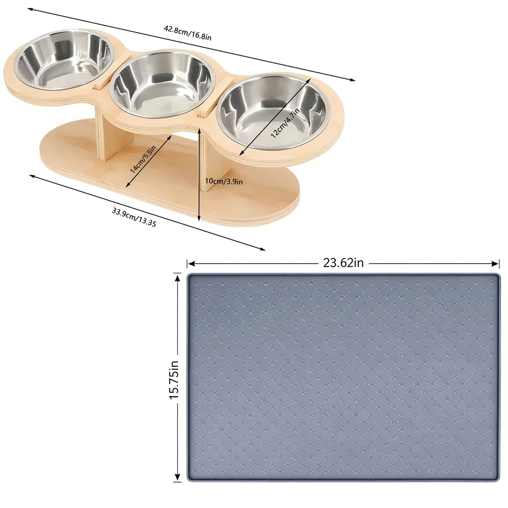 Tilted Raised Cat Feeder with Stainless Steel Bowls and Mat