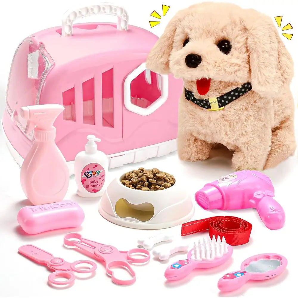 14PCS Interactive Plush Puppy Toy with Carrier and Accessories, Pet Care Toy Set for Kids, Suitable for Girls and Boys 3-6 Years